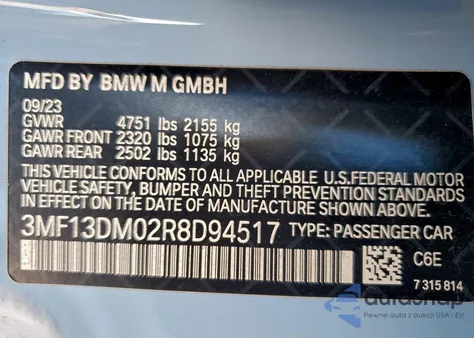 2024 BMW M2 z USA, uszkodzony, nr VIN 3MF13DM02R8D94517